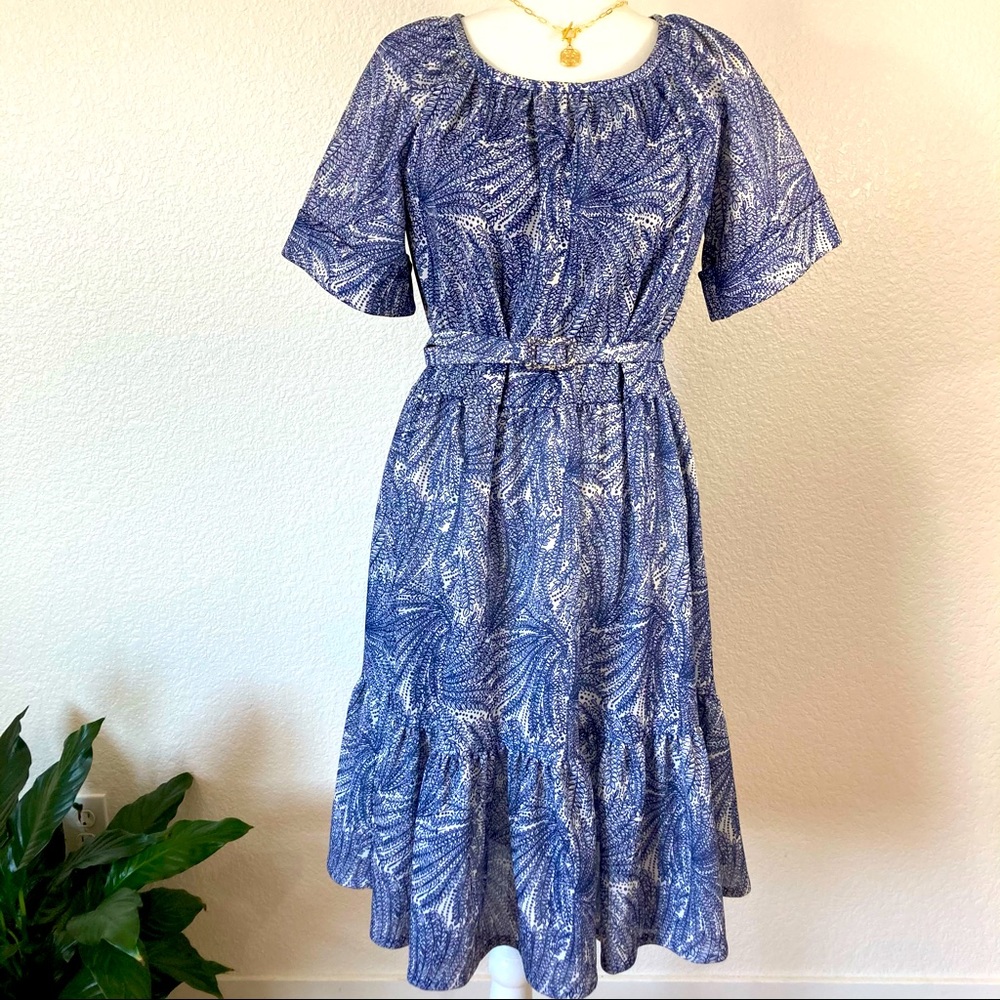 Vintage Blue Leaf Prarie Midi Tiered Dress w/ Belt